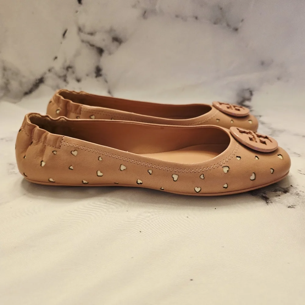 HTF Tory Burch Minnie Heart Cut-Out Ballet Flat Pink Moon Cream LIMITED EDITION